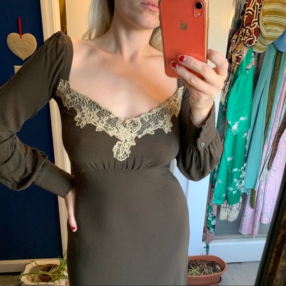VALENTINO Brown Jersey Lace Dress 6 Balloon Sleeve - Picture 1 of 11